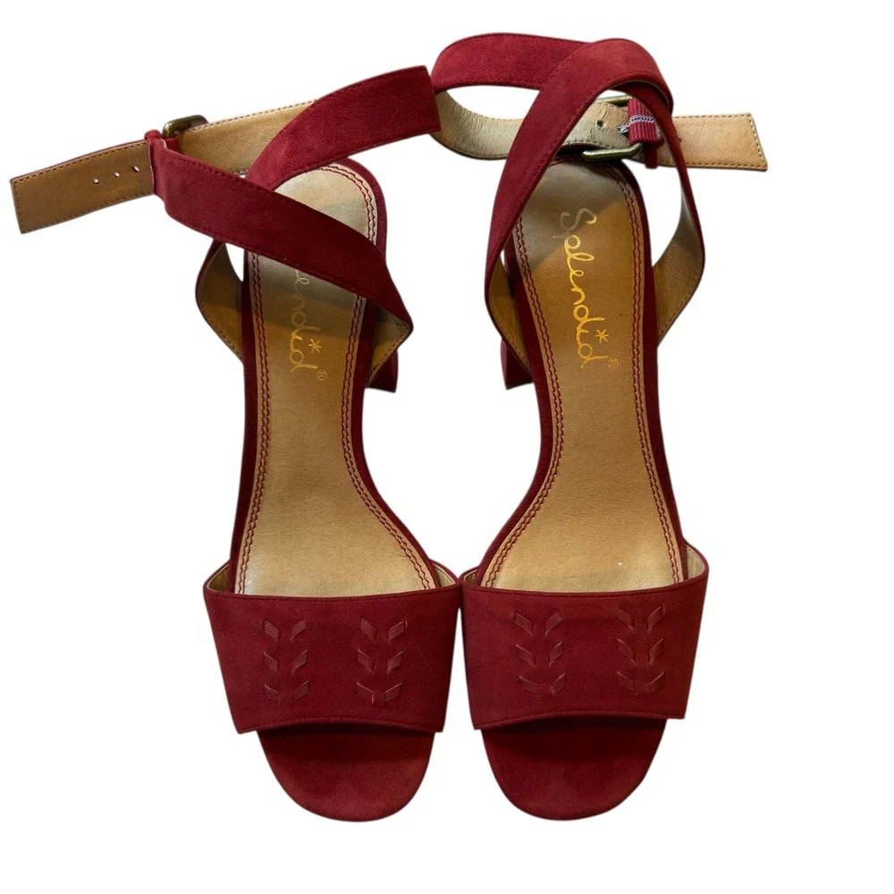 Splendid Heels Block Ankle Strap‎ Suede Red Sandals Party Shoes Women's 8.5